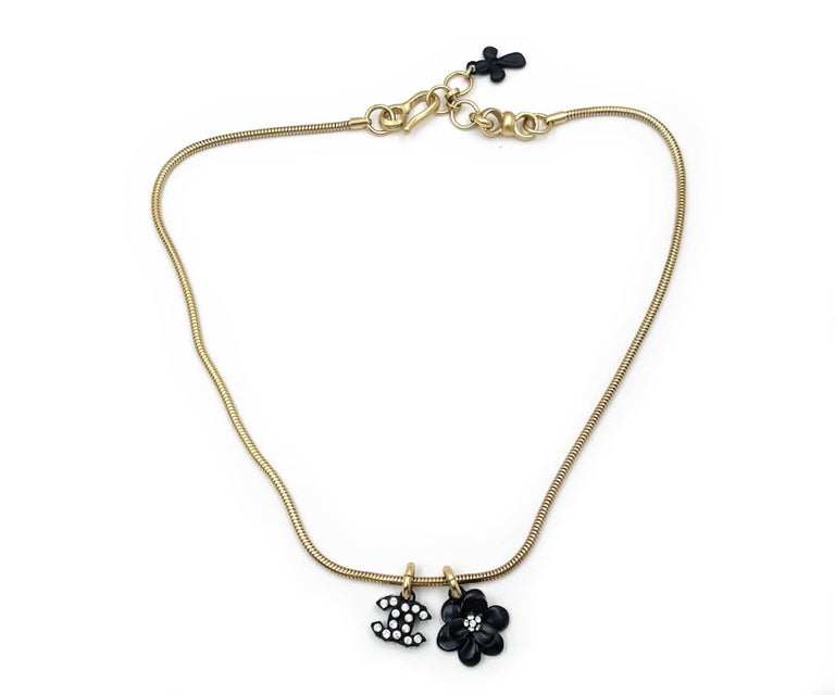 Chanel Vintage Rare Gold Plated Black CC Flower Crystal Chain Necklace