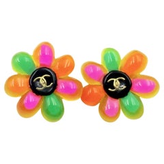 Chanel Vintage Rare Gold Plated CC Neon Gummy Flower Clip on Earrings