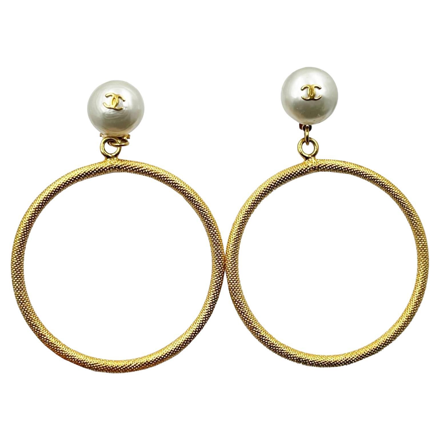 Chanel Vintage Rare Gold Plated CC Pearl Large Hoop Dangle Clip on Earrings For Sale