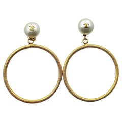 Chanel Retro Rare Gold Plated CC Pearl Large Hoop Dangle Clip on Earrings