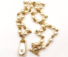 Chanel Vintage Rare Gold Plated CC Tear Drop Pearl Long Necklace
