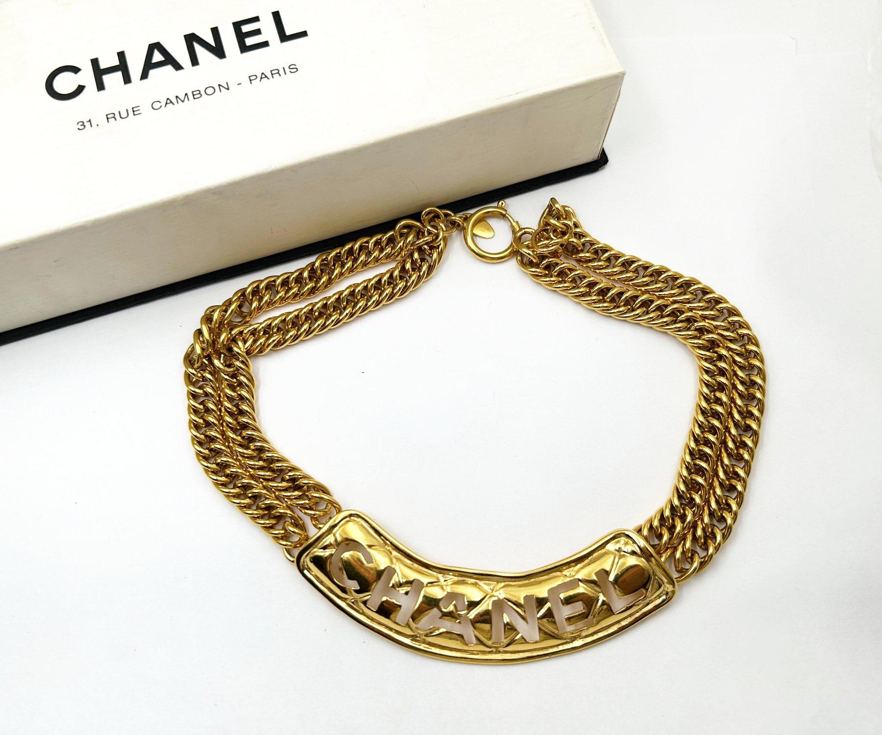 Chanel Vintage Rare Gold plattiert Chanel Bar Doppelkette Halskette (Kunsthandwerker*in) im Angebot