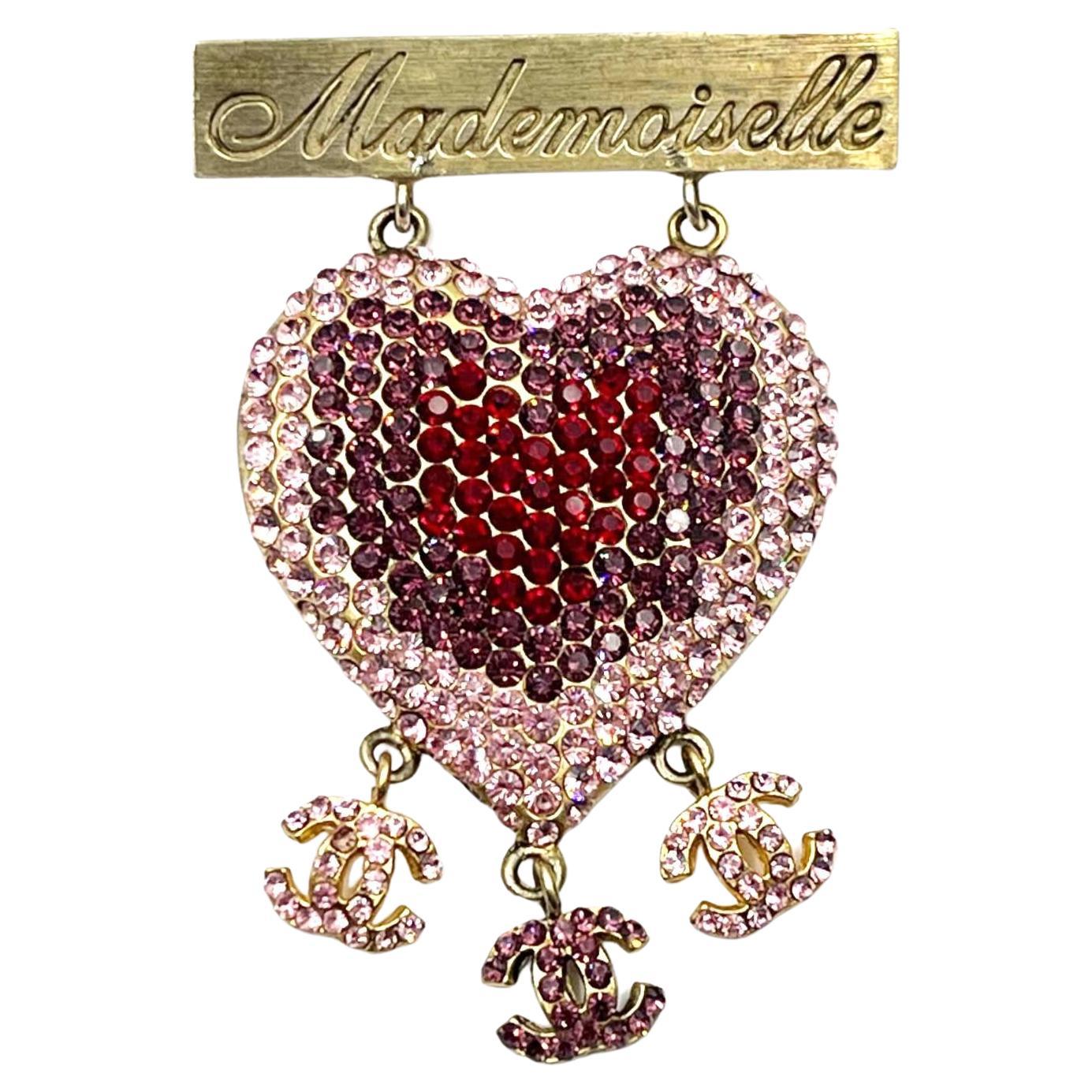 Chanel Vintage Rare Gold Plated Mademoiselle Pink Heart CC Brooch For Sale