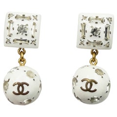 Chanel Vintage Rare Gold Plated White Square Gemstone Crystal Ball Earrings