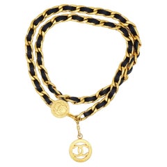 Chanel Vintage Rare Iconic Gold Navy Leather intertwined CC Logo Necklace Belt