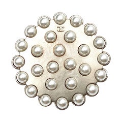 Chanel Vintage Rare Light Gold CC Faux Pearl Round Brooch