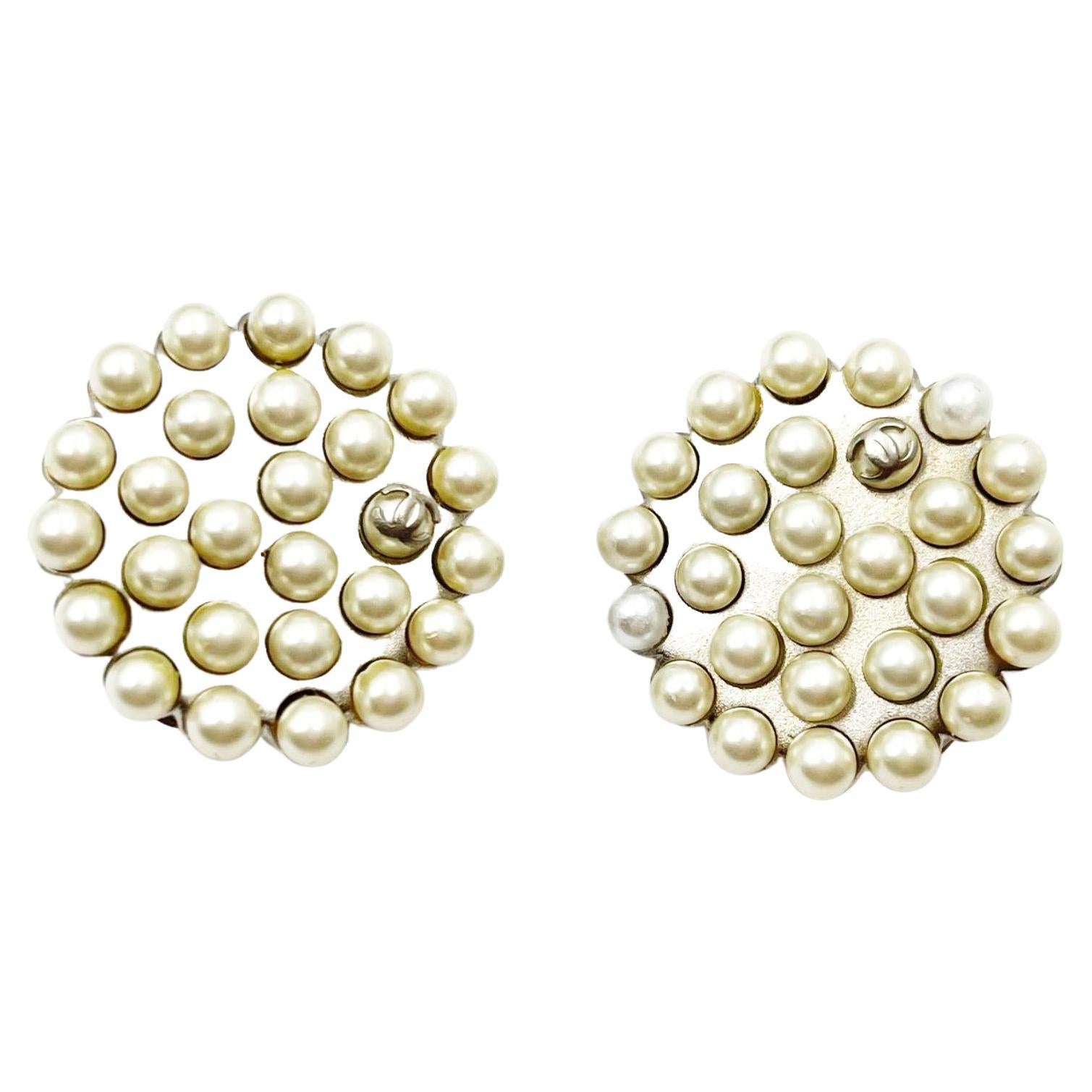 Chanel Vintage Rare Light Gold CC Faux Pearl Round Clip on Earrings For Sale