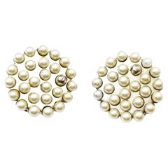 Chanel Vintage Rare Light Gold CC Faux Pearl Round Clip on Earrings