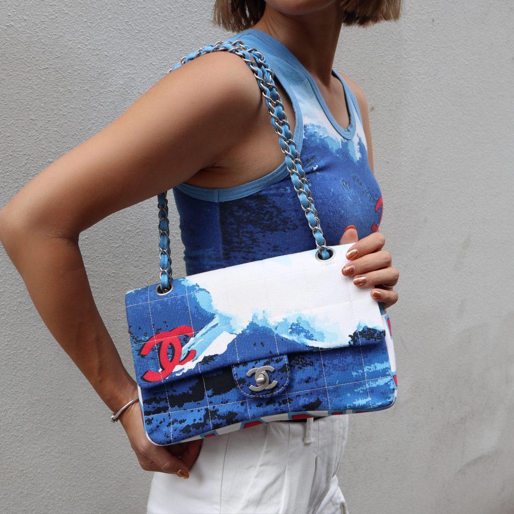 Chanel 2001 Vintage Rare Surf Sport Blue White Red Canvas Shoulder