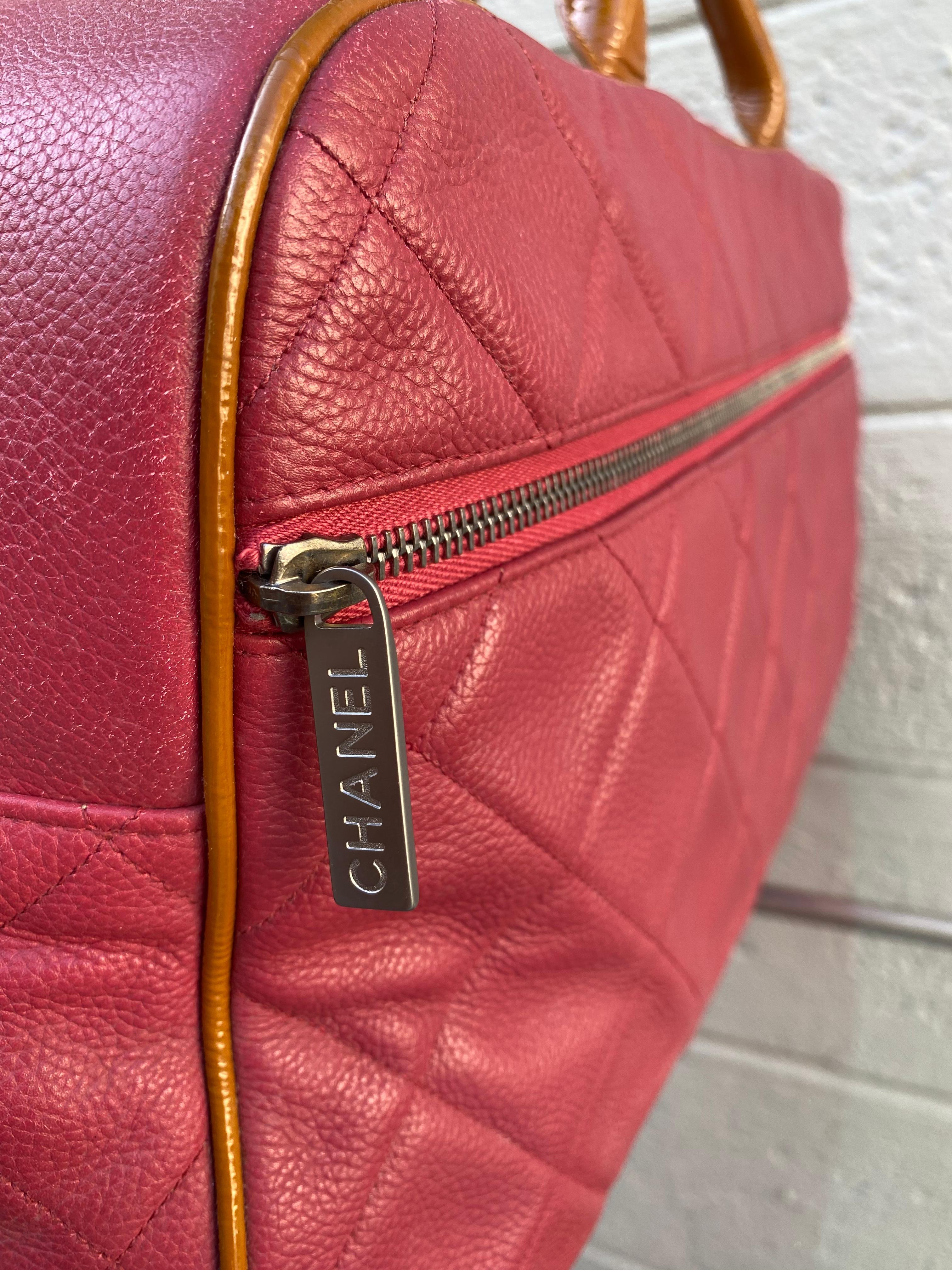 Chanel Rare Vintage Raspberry Pink Caviar Weekender Travel Duffle Shopper Bag For Sale 7