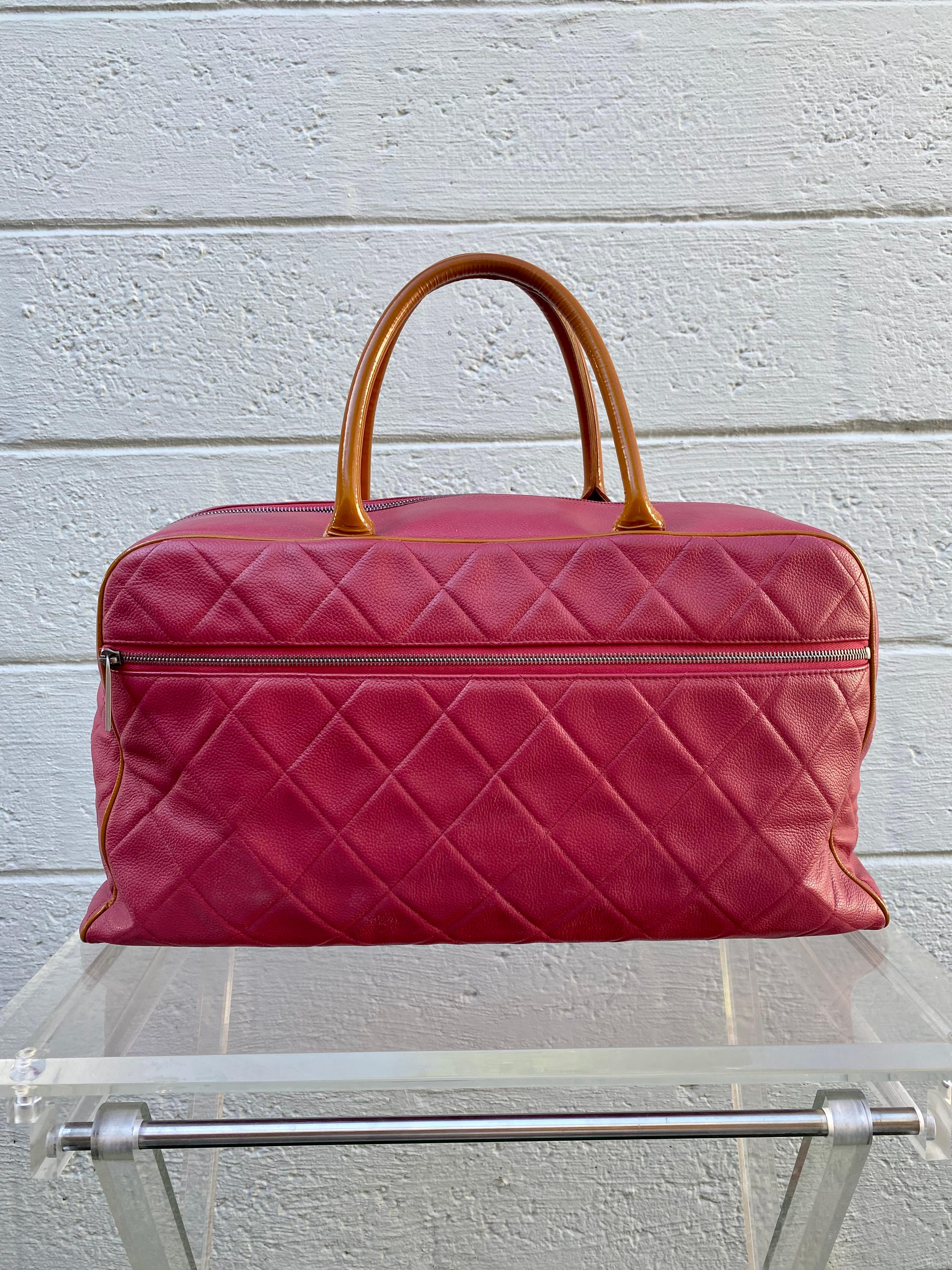 Chanel Rare Vintage Raspberry Pink Caviar Weekender Travel Duffle Shopper Bag In Excellent Condition For Sale In Fort Lauderdale, FL