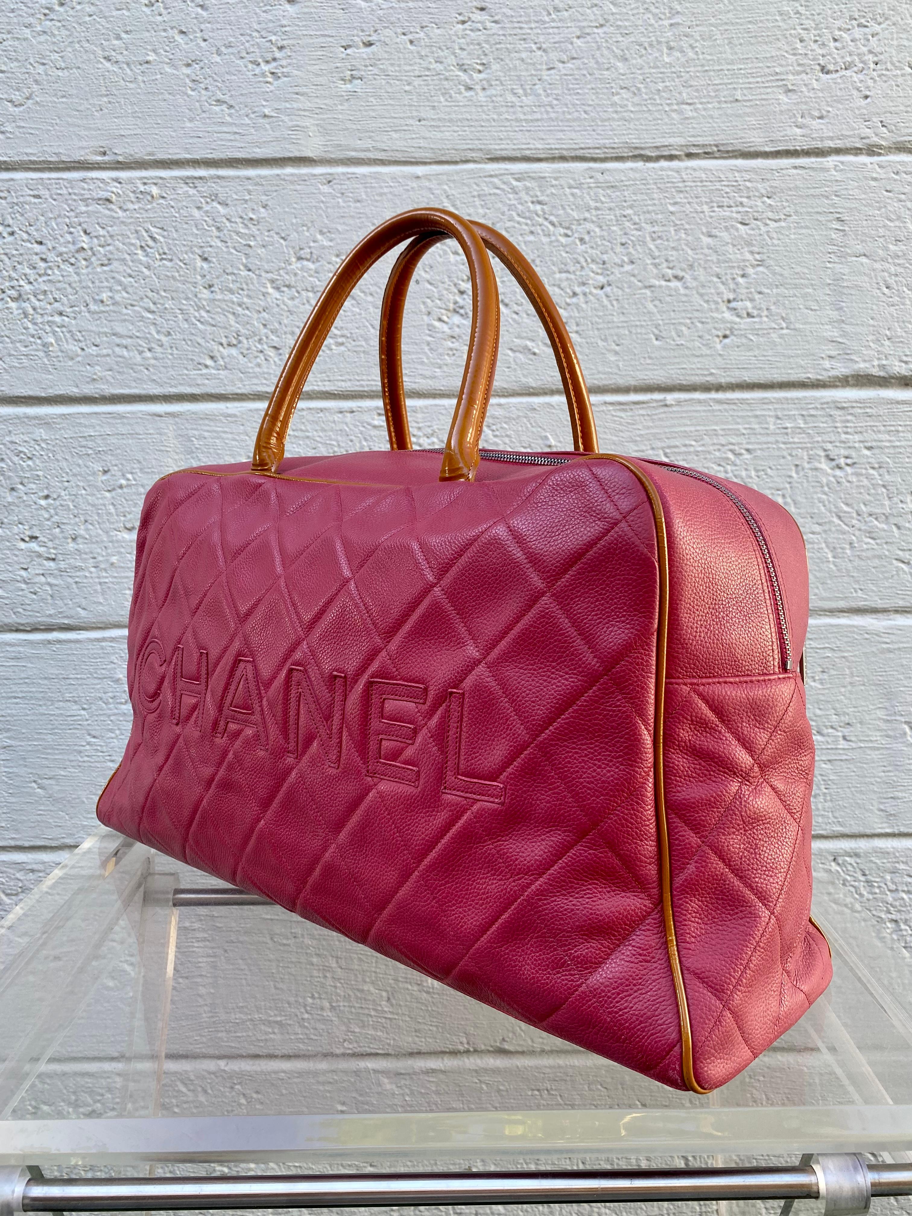Chanel Rare Vintage Raspberry Pink Caviar Weekender Travel Duffle Shopper Bag For Sale 1
