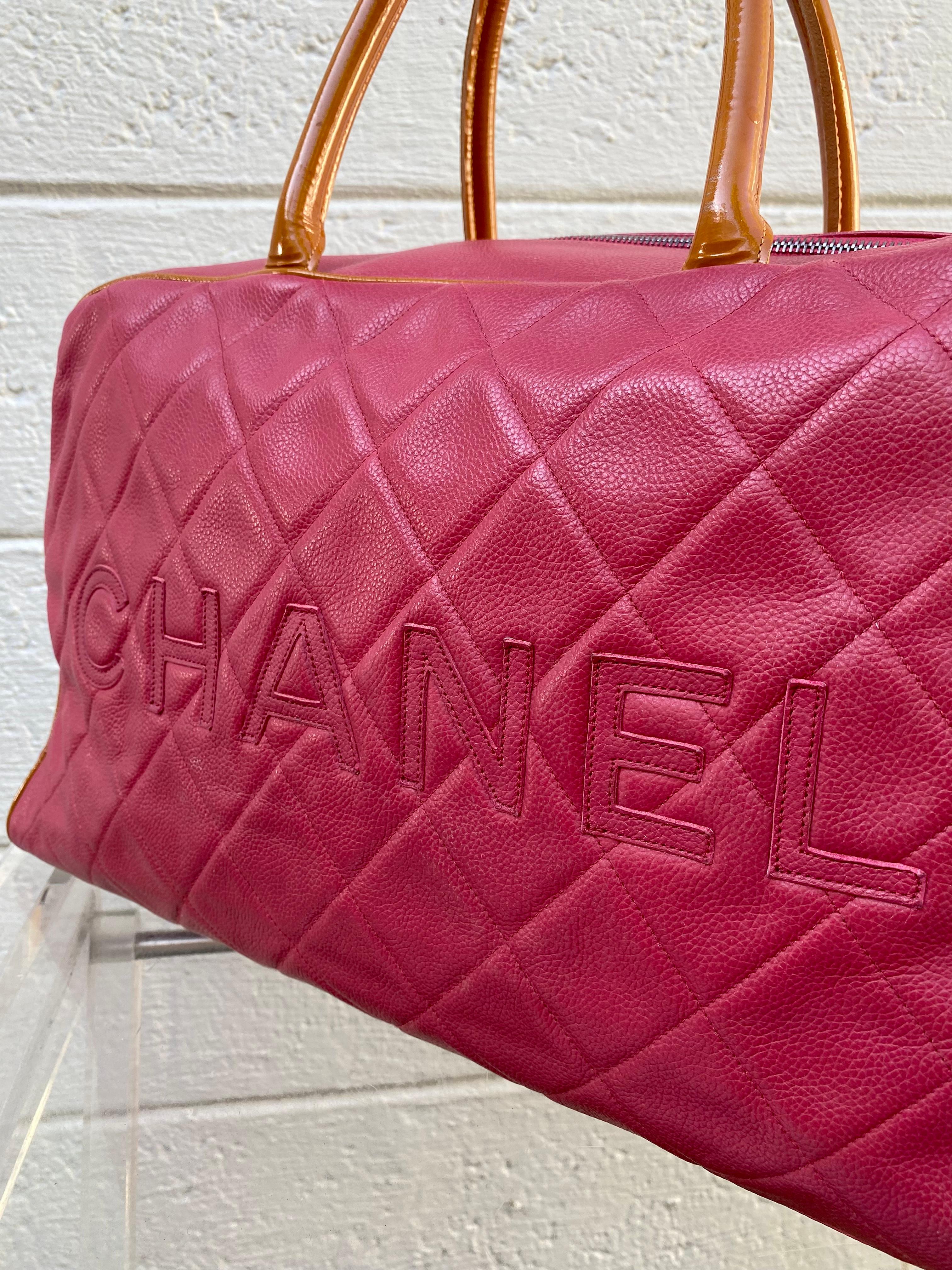 Chanel Rare Vintage Raspberry Pink Caviar Weekender Travel Duffle Shopper Bag For Sale 3