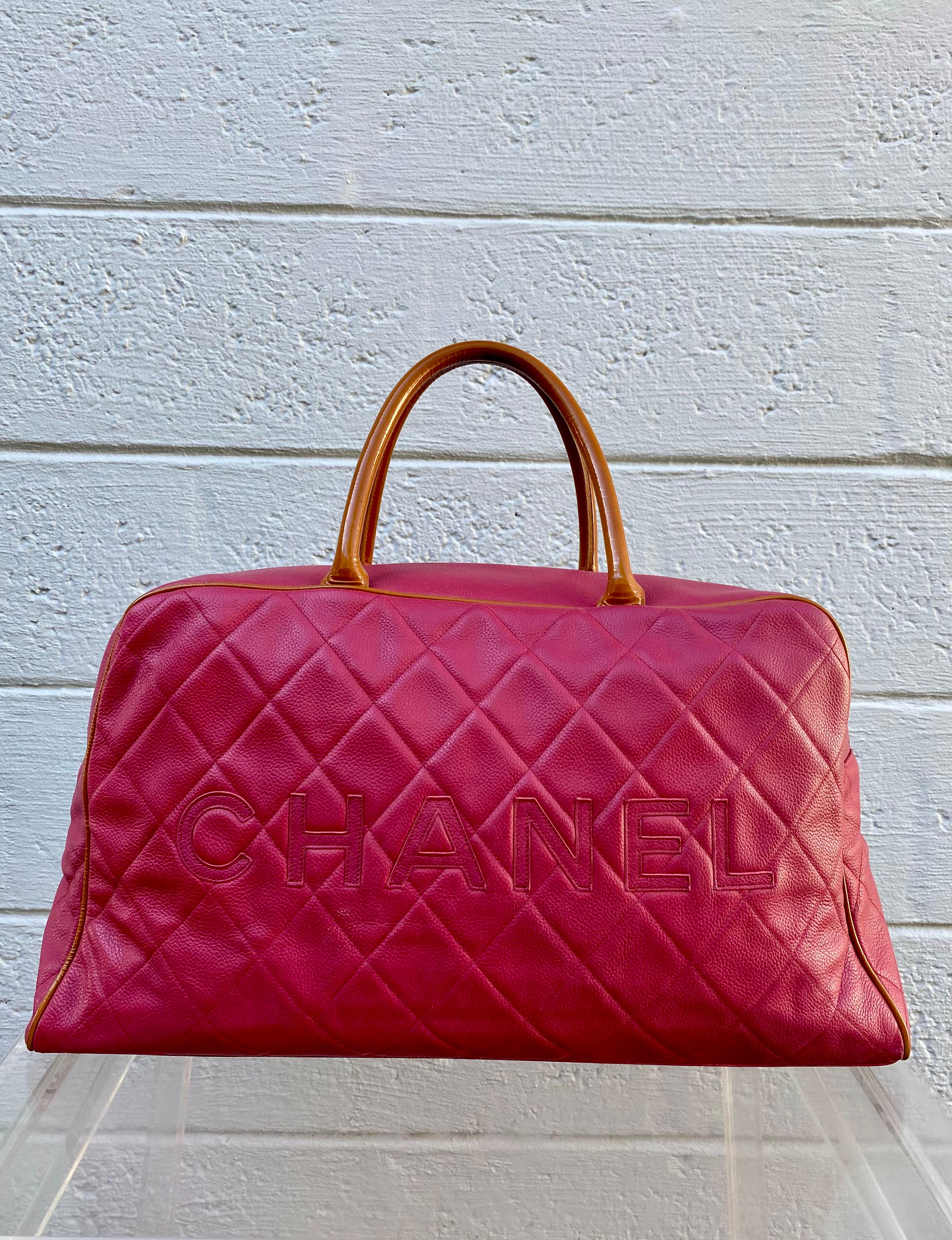 Chanel Rare Vintage Raspberry Pink Caviar Weekender Travel Duffle Shopper Bag For Sale 4