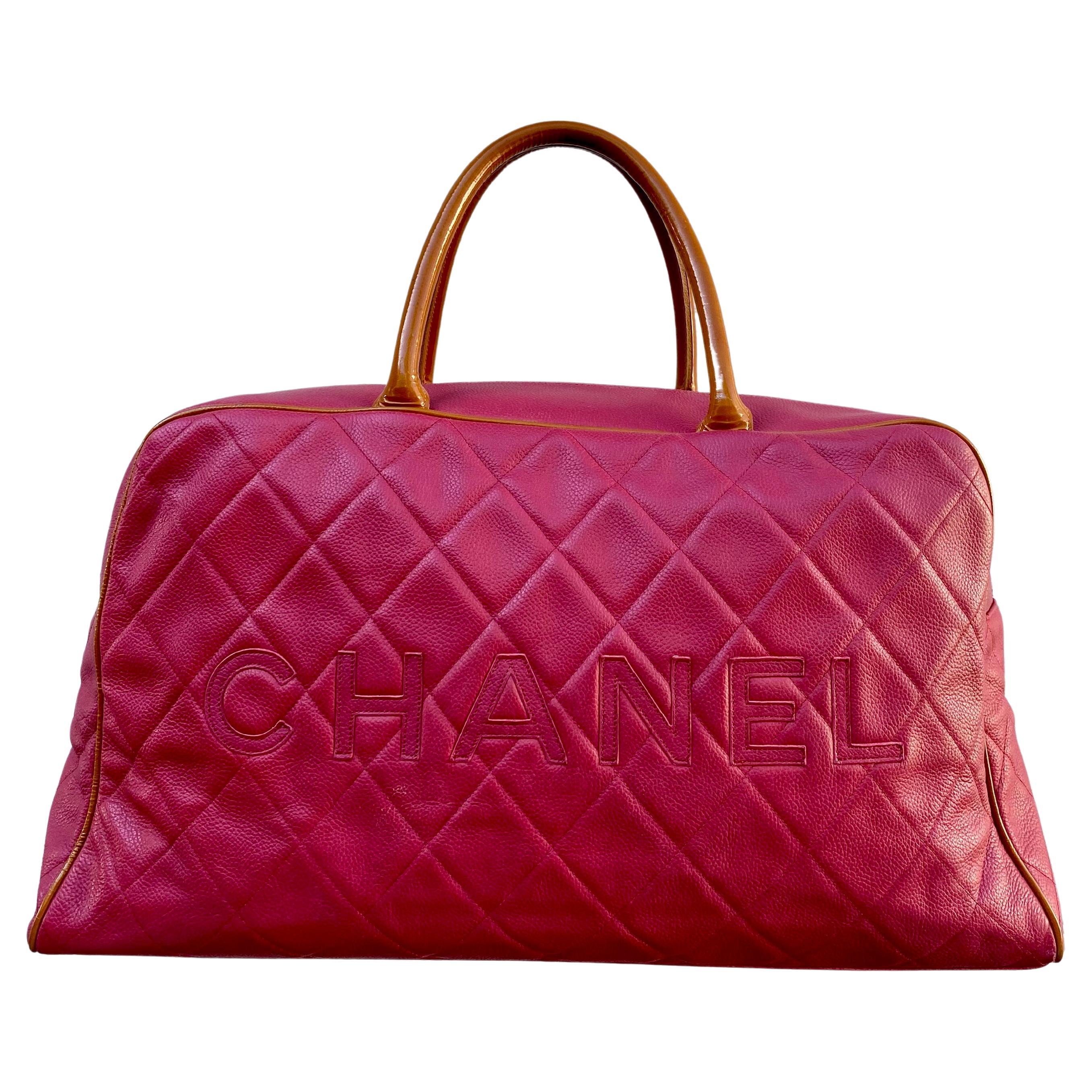 Chanel Rare Vintage Raspberry Pink Caviar Weekender Travel Duffle Shopper Bag For Sale