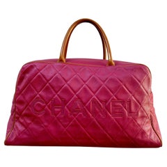 Chanel Rare Vintage Raspberry Pink Caviar Weekender Travel Duffle Shopper Bag