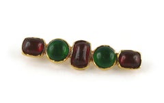 Chanel Vintage Red and Green Gripoix Glass Cabochon Bar Brooch