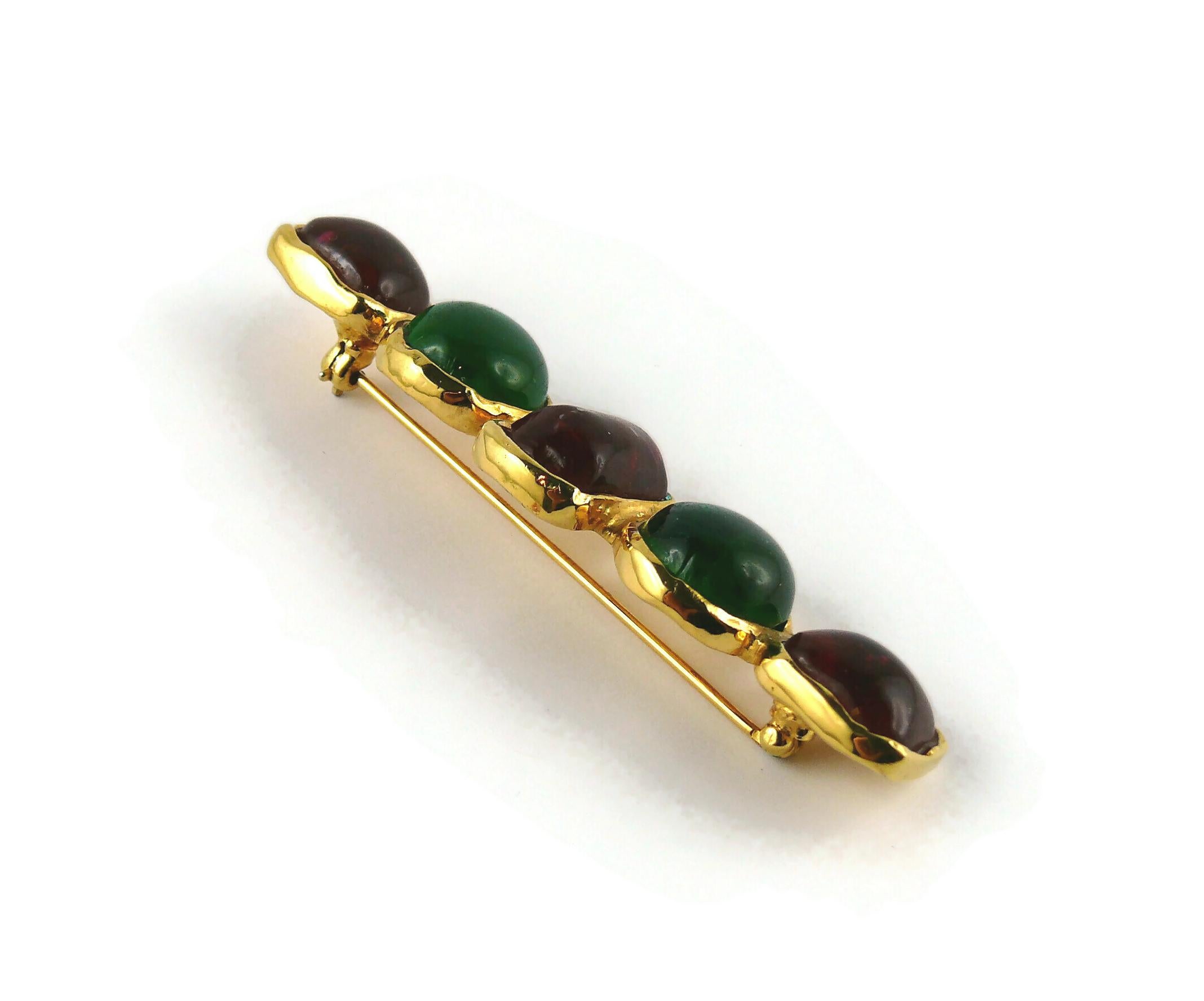 Chanel Vintage Red and Green Gripoix Glass Cabochon Bar Brooch For Sale 3