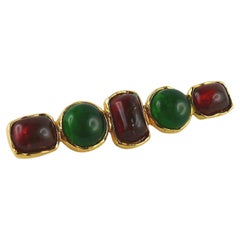 Chanel Vintage Red and Green Gripoix Glass Cabochon Bar Brooch