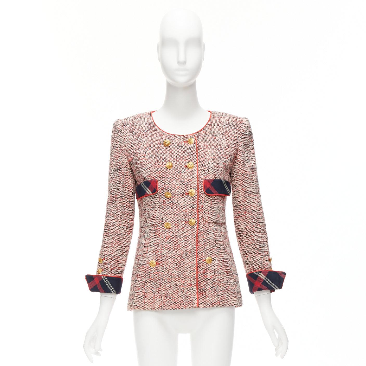 CHANEL Vintage red boucle tweed gold button double breasted blazer jacket FR34 For Sale 6