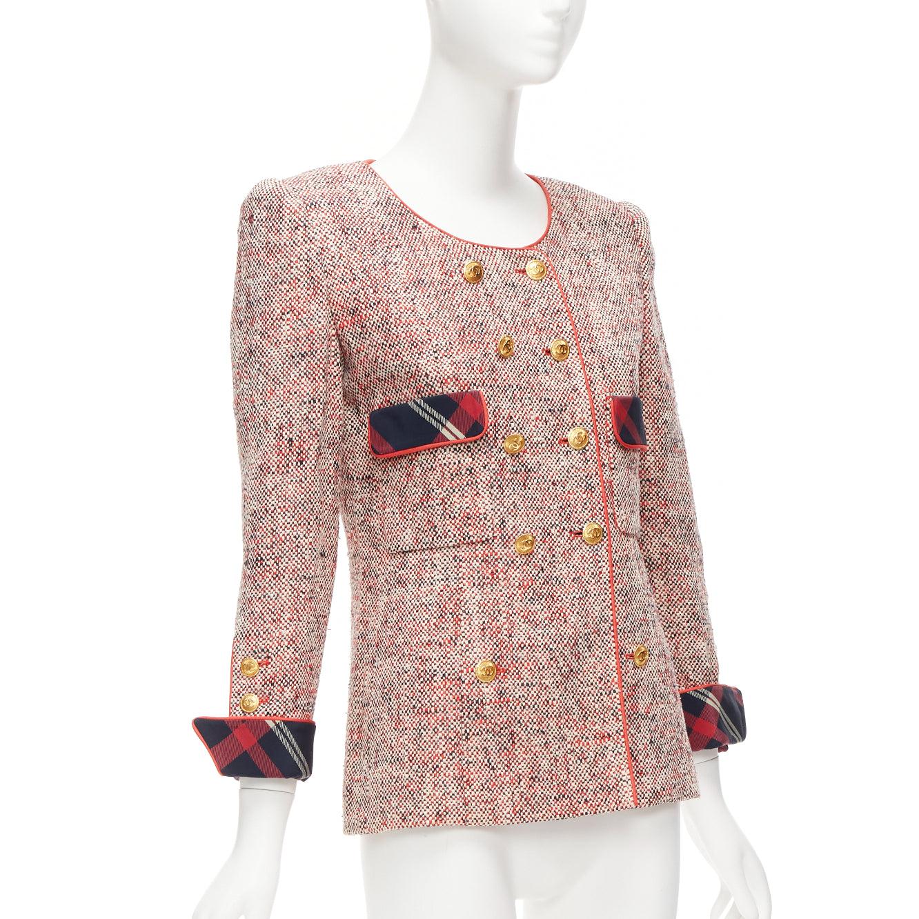 Women's CHANEL Vintage red boucle tweed gold button double breasted blazer jacket FR34 For Sale