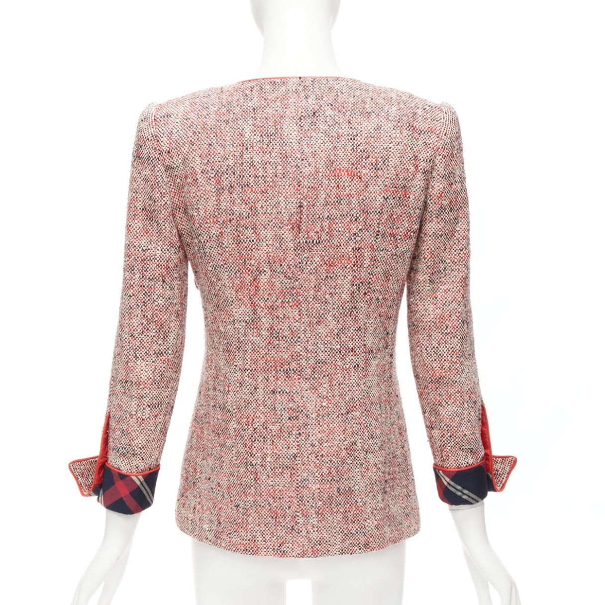 CHANEL Vintage red boucle tweed gold button double breasted blazer jacket FR34 For Sale 2