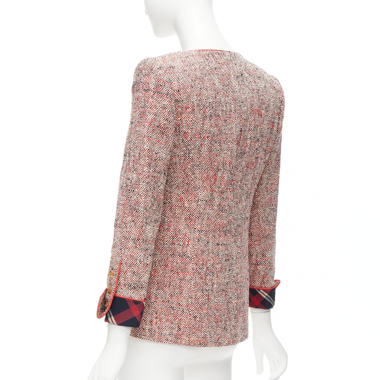 CHANEL Vintage red boucle tweed gold button double breasted blazer jacket FR34 For Sale 3