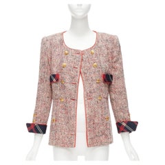 CHANEL Vintage red boucle tweed gold button double breasted blazer jacket FR34