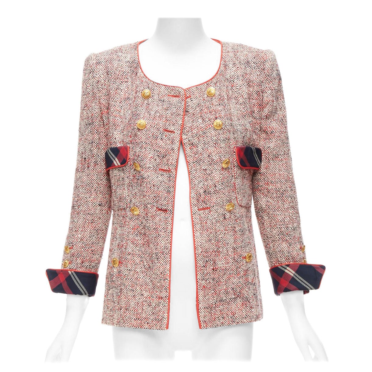CHANEL Vintage red boucle tweed gold button double breasted blazer jacket FR34