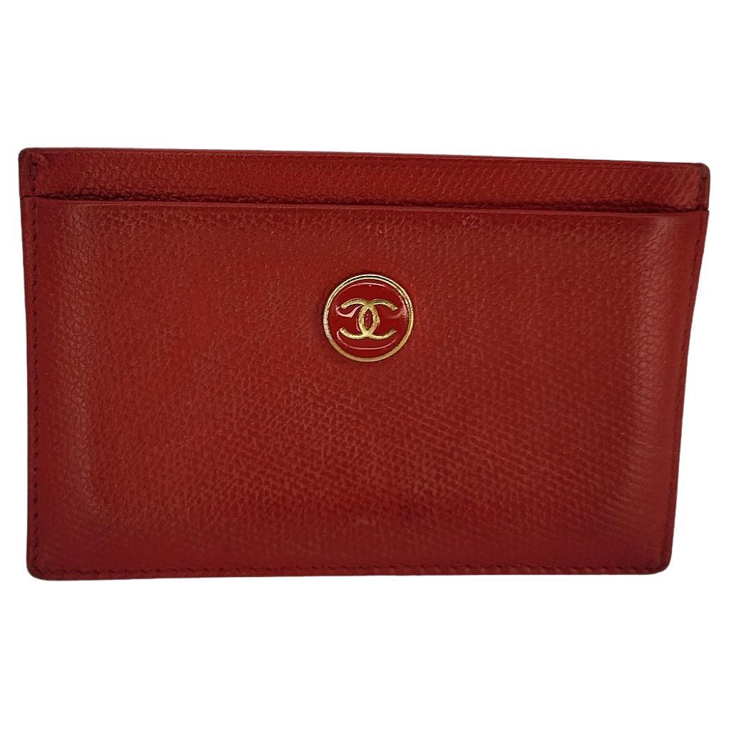 Chanel Vintage Red Caviar Coco Button Card Case For Sale