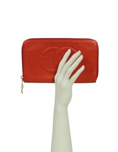 Chanel Vintage Red Caviar Leather Zip Around Large Timeless Wallet