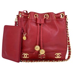 Chanel Vintage Red Caviar Mini Drawstring 6-CC Bucket Bag 24k GHW 67986