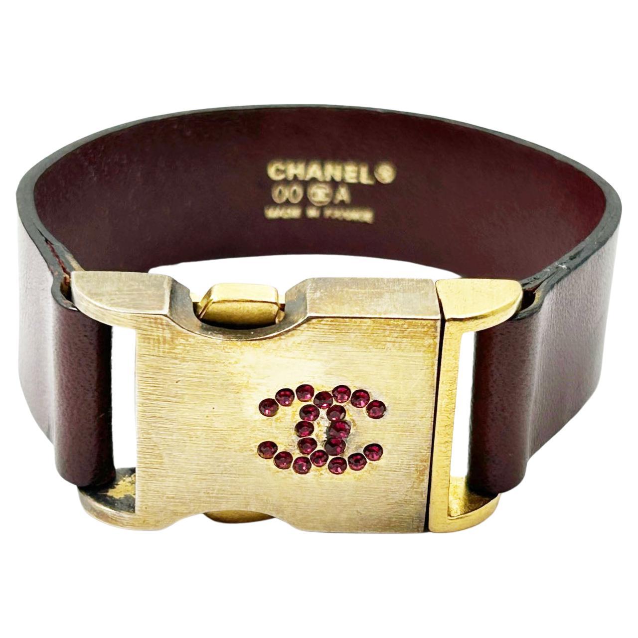 Chanel Vintage Red Crystal Gold Buckle Leather Belt Bracelet  For Sale