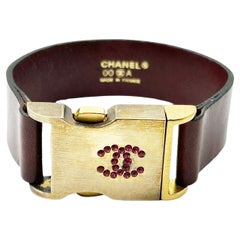 Chanel Vintage Red Crystal Gold Buckle Leather Belt Bracelet 