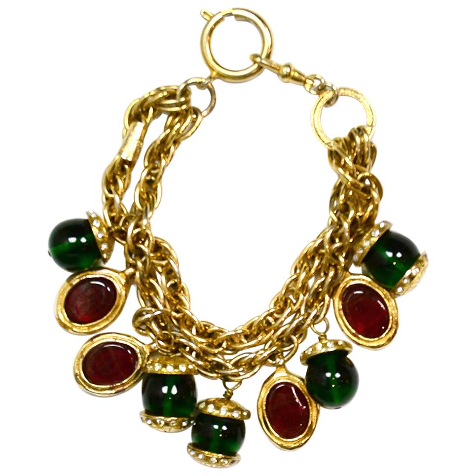 Chanel Vintage Red/Green Gripoix Charm Bracelet 