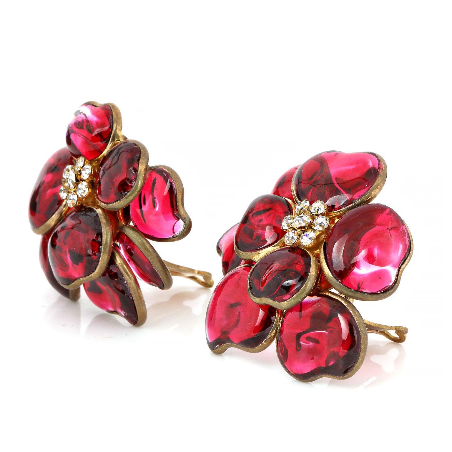 Women's or Men's Chanel Vintage Red Gripoix and Crystal Camellia Earrings  For Sale