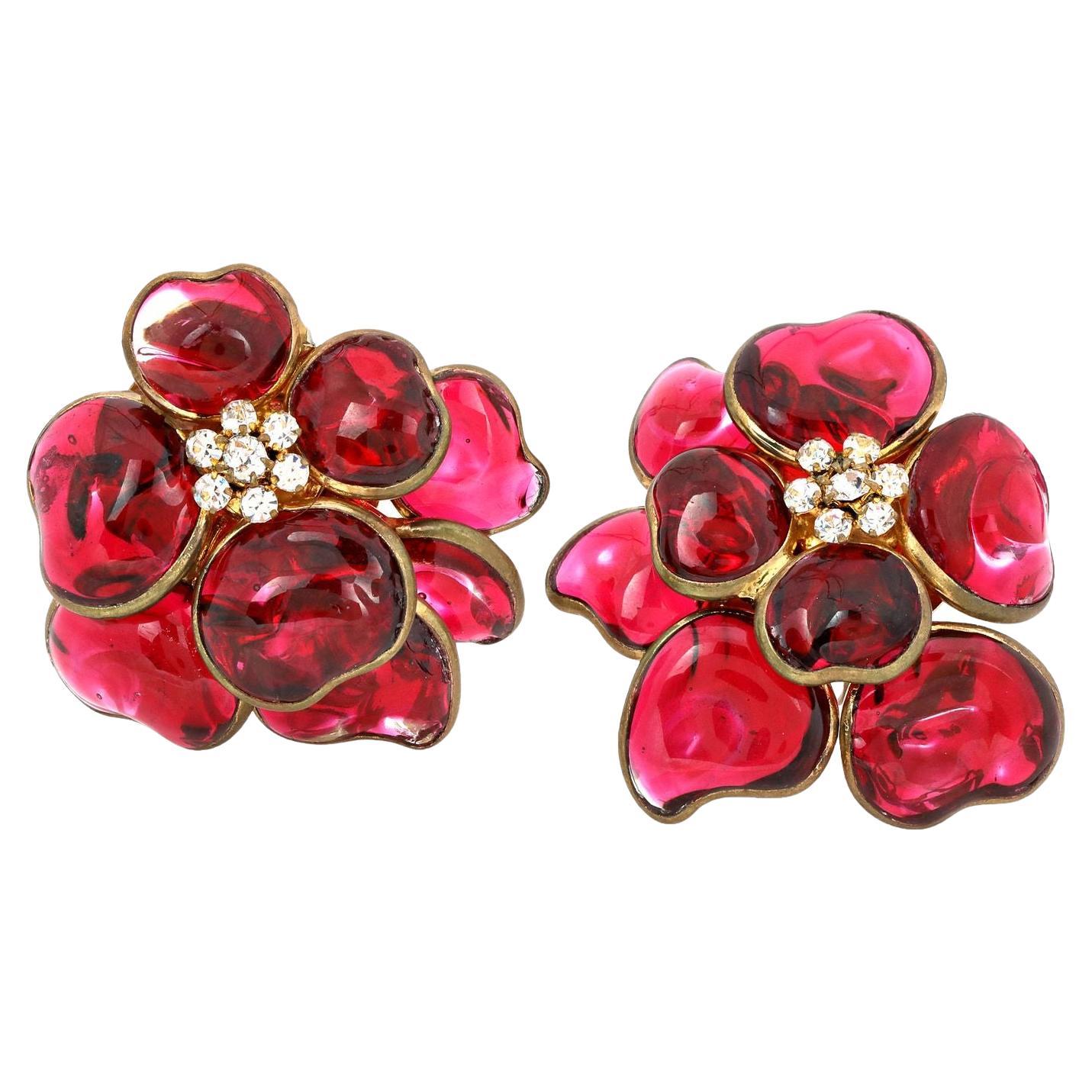 Chanel Vintage Red Gripoix and Crystal Camellia Earrings  For Sale