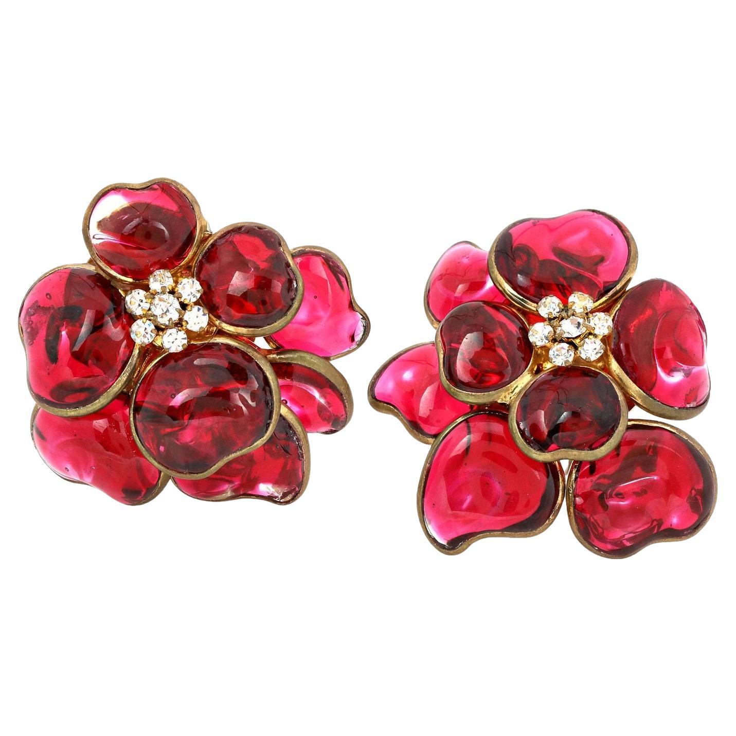 Chanel Vintage Red Gripoix and Crystal Camellia Earrings
