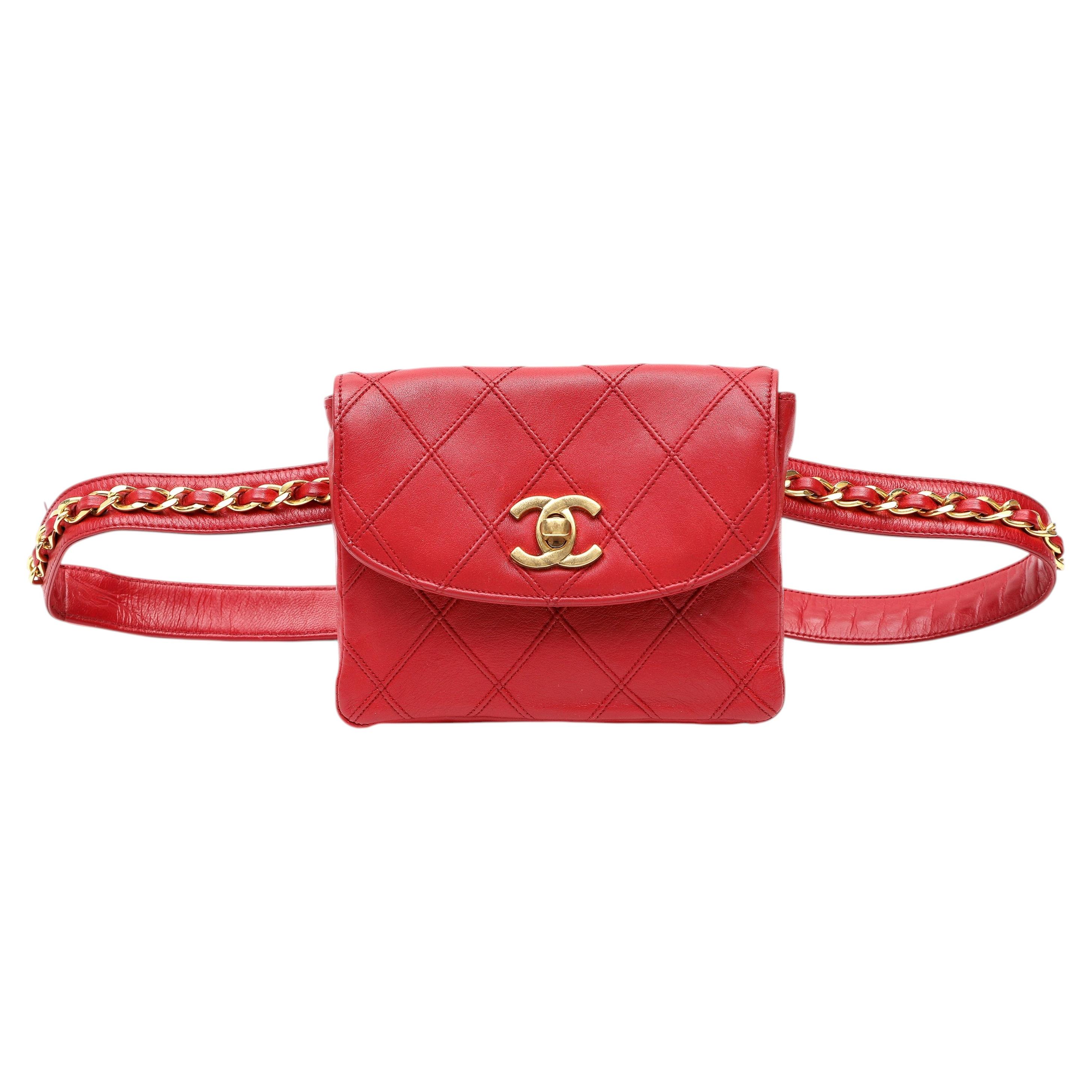 Chanel Vintage Belt Bag Red Quilted Lambskin w/Gold Hardware For Sale