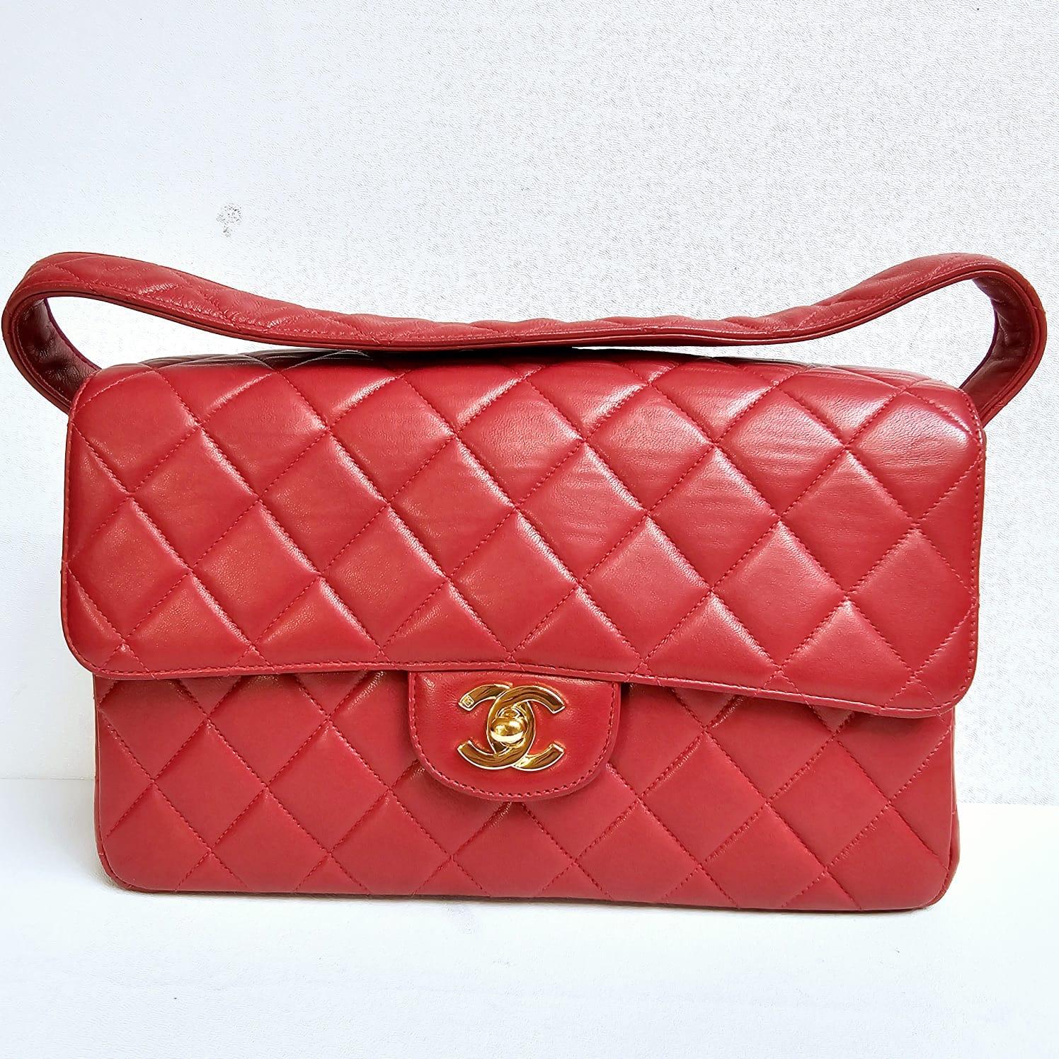 Chanel Vintage Red Lambskin Medium Quilted Double Face Top Handle Bag For Sale 9