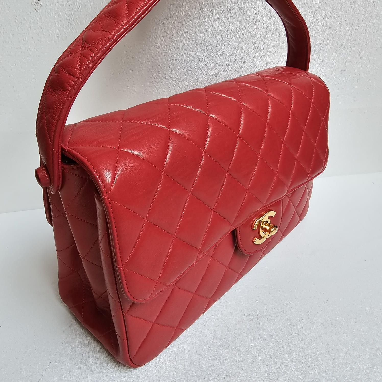 Chanel Vintage Red Lambskin Medium Quilted Double Face Top Handle Bag For Sale 12