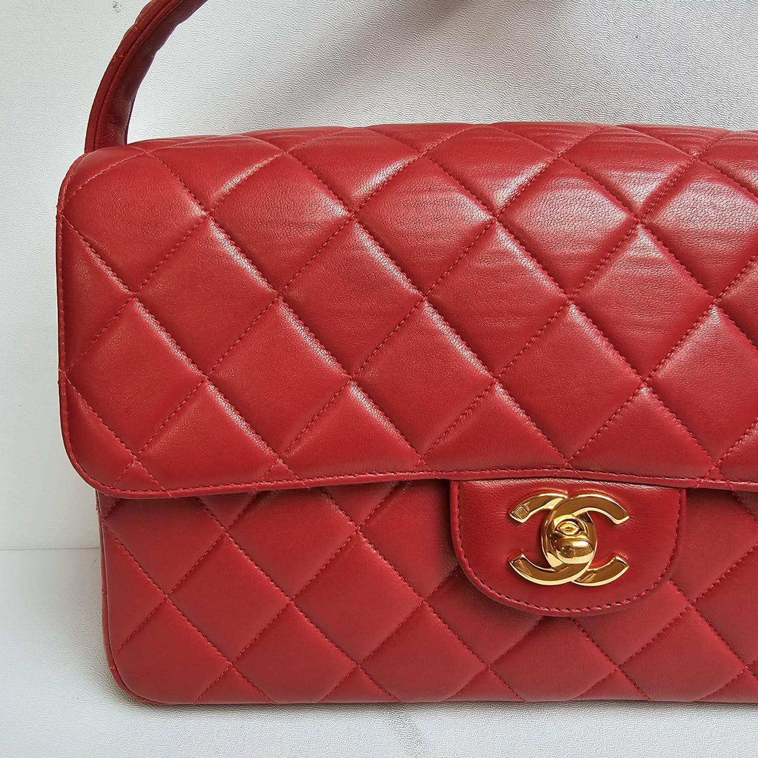 Chanel Vintage Red Lambskin Medium Quilted Double Face Top Handle Bag For Sale 5