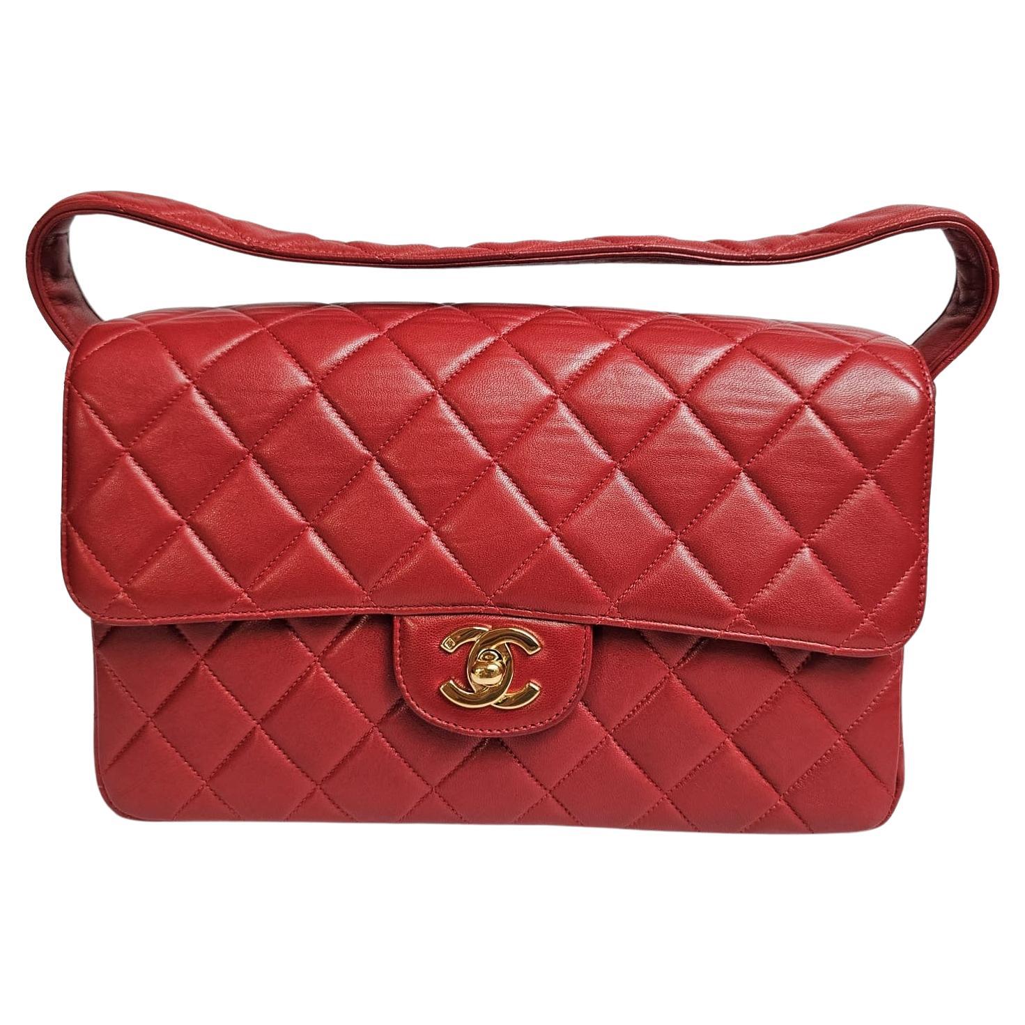 Chanel Vintage Red Lambskin Medium Quilted Double Face Top Handle Bag For Sale