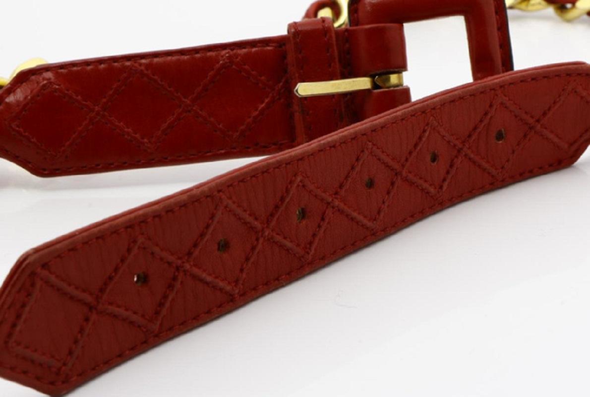 Brown Chanel Vintage Red Leather Belt with Gold-tone Chain Belt For Sale