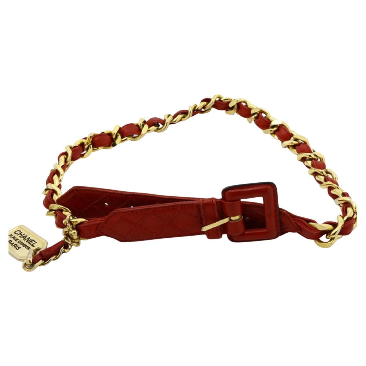 Chanel Vintage Red Leather Belt with Gold-tone Chain Belt For Sale