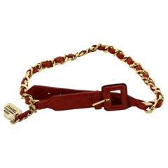 Chanel Vintage Red Leather Belt with Gold-tone Chain Belt