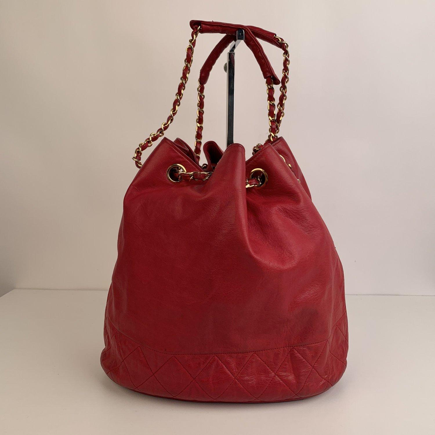 Chanel Vintage Red Leather Bucket Shoulder Bag with Bottom Quilting 8