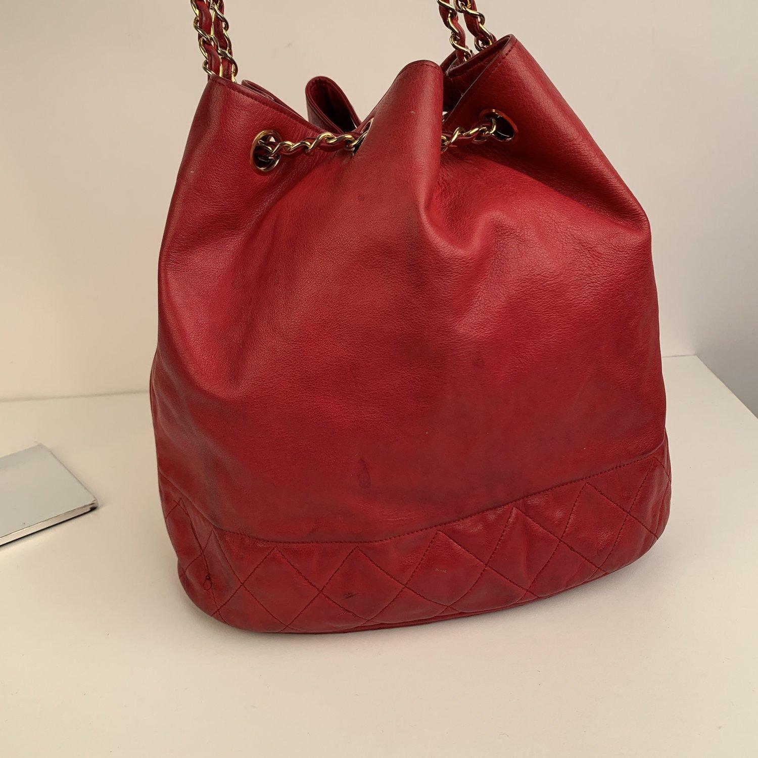 Chanel Vintage Red Leather Bucket Shoulder Bag with Bottom Quilting 3