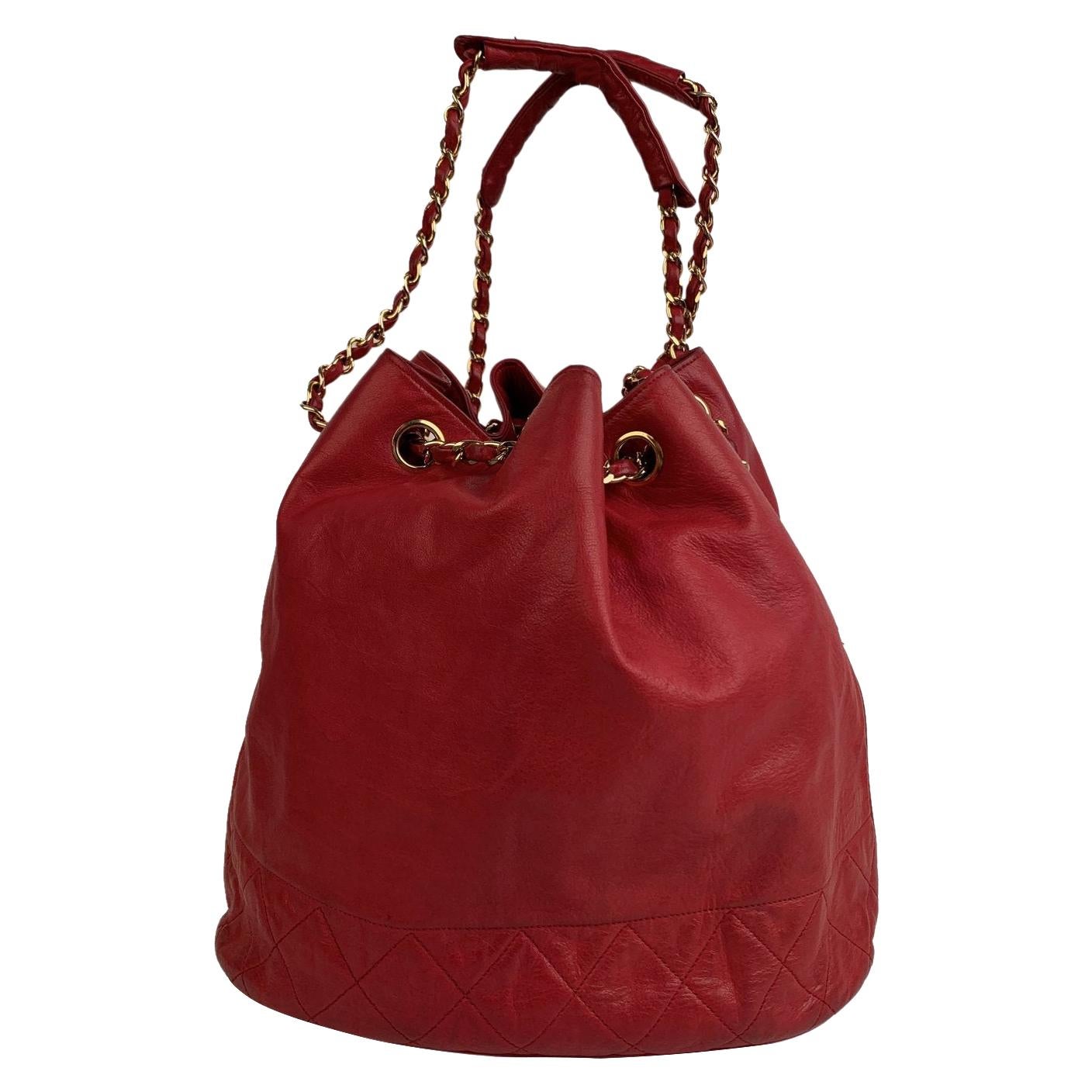 Chanel Vintage Red Leather Bucket Shoulder Bag with Bottom Quilting