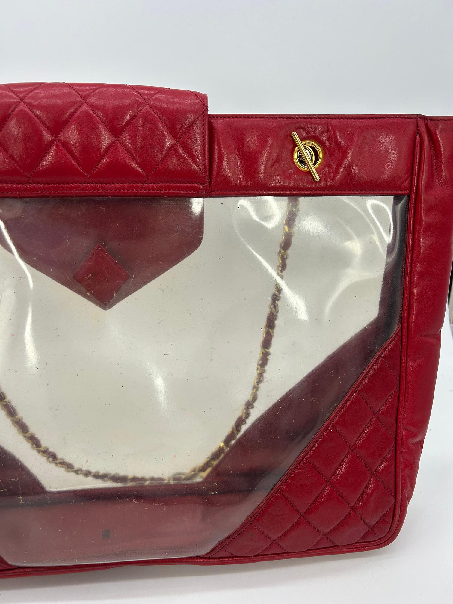 Chanel Vintage Red Leather Clear PVC Shoulder Bag Tote c1990s For Sale 7